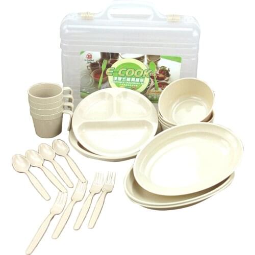 24pcs Food Grade Reusable Cutlery Mugs Soup Bowls Spoons Plates Outdoor Party Picnic Camping BBQ Cooking Supplies Tableware Set