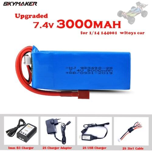 Upgrade 7.4V 3000mAh Lipo Battery For Wltoys 1/14 144001 RC Toy Car Spare Parts 2s 7.4V Battery T Plug For 144001 Battery Parts