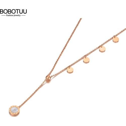 BOBOTUU White Shell Roman Numerals Charm Pendant Necklaces For Women Fashion Rose Gold Stainless Steel Chain Necklace BN20169