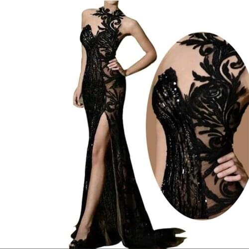 Halter High Neck Black Lace Sequins Evening Dress Long Mermaid Side Slit Women Formal Gowns Black Vestido De Festa