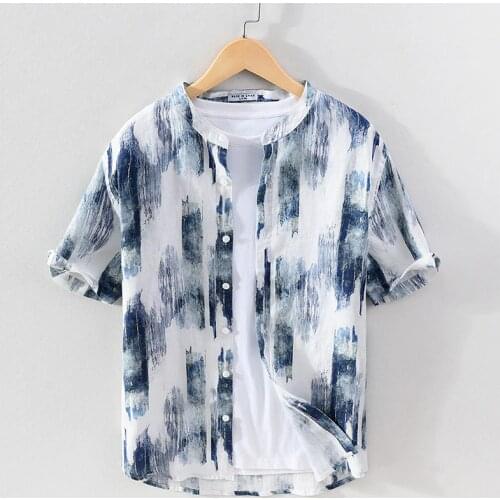 2021 Spring and summer new pure linen three-quarter sleeve shirt men casual printing stand collar white shirts for men tops mens