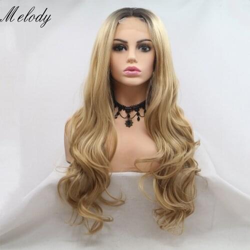 Melody Long Body Wave Blonde Synthetic U Part Lace Front Wigs Brown Color with Dark Root for women Heat Resistant Fiber Hair
