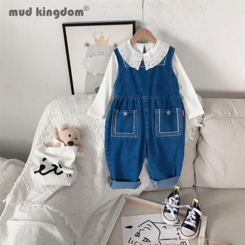 Mudkingdom Girls Denim Overalls Solid Embroidery Pocket Button Loose Jean Pants for Toddler Spring Autumn Casual Kids Trousers