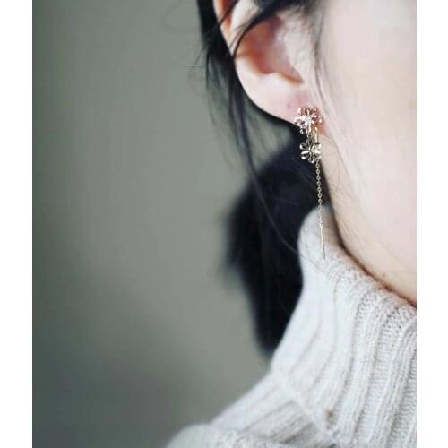 Goldtutu 14K Solid Gold Twin Flowers Crystal Dainty Dangle Tassel Stud Earring minimal Minimalist Bride Gift