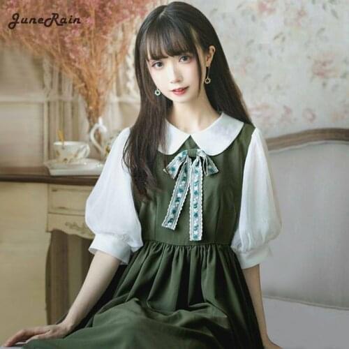 JuneRain Kawaii Lolita Dress Green Gable Anne Op Summer New College Cute Maid Loli Bubble Japanese Dress Renaissance Vestidos