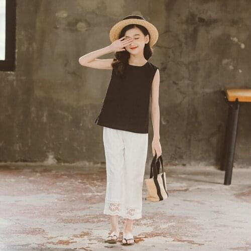 5 To 15 Years Childrens Clothing Girls Pants Set Teenager Clothes Girl Casual Suit Black Shirts Vest + White Pants With Lace