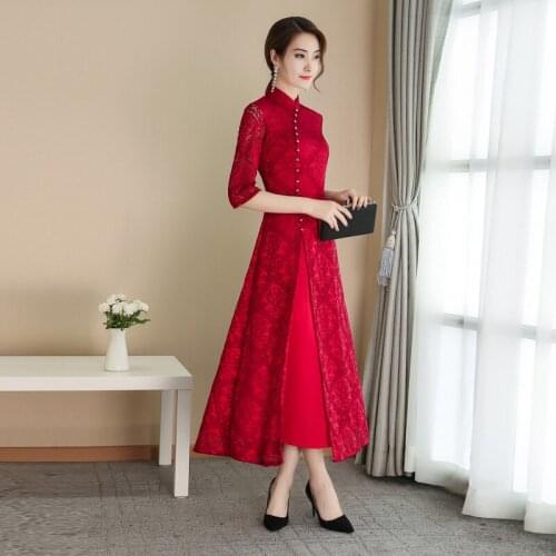 Cheongsam 2019 new five-point sleeve lace dress in the long section of the elegant atmosphere spring and summer