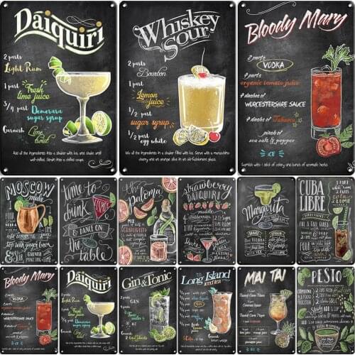 Metal Signs Cocktail Tin Sign Poster Retro Martini Mojito Metal Plaque Sign Plates Decoration Shabby Wall Sticker Bar Club Decor