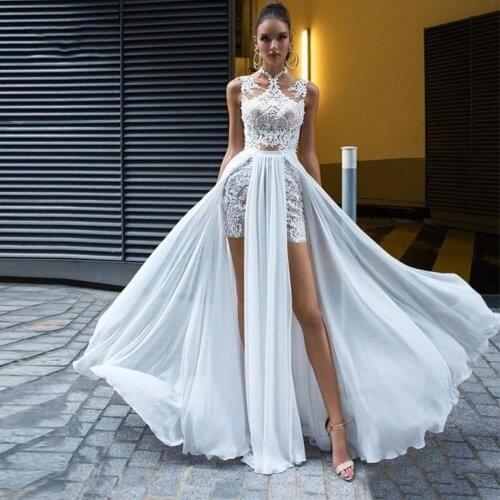 Fashion A Line Wedding Dress Beach Halter Neck Sleeveless Summer Boho Bridal Gowns Sexy Backless Side Split Appliqued Lace Gown