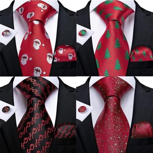 Men Tie Red Green Snowman Tree Animal Silk Christmas Tie For Men Halloween DiBanGu Novelty Design Hanky Cufflink Men Tie Set