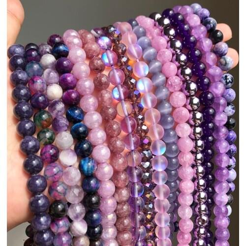 Natural Stone Purple Jades Crystal Cat Eye Agates Round Loose Spacer Beads For Jewelry Making DIY Bracelets 4/6/8/10/12MM 15