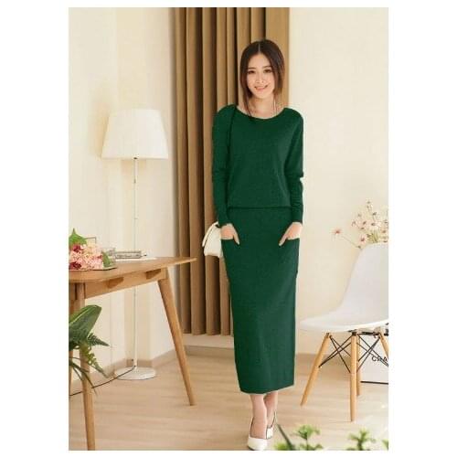 New spring and autumn female round neck floor-length cashmere sweater one-piece dress casual solid sheath cute women dress S1985