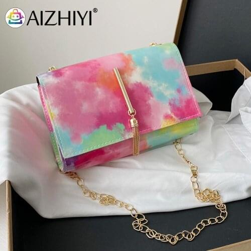 New Vintage Bags Luxurious Messenger Bag Women Hit Color PU Tassel Tie Dye Chain Mini Flap Shoulder Crossbody Bag