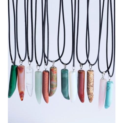 Hot Sale Natural Cystal Crescent Stone Necklace of Pendant With Black Leather Necklace Jewelry DZ0114