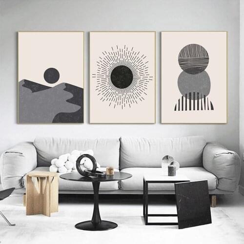 Mid Century Sun Landscape Wall Painting Abstract Geometry Canvas Print Earth Tone Minimalist Wall Art Poster Pictures Home Decor