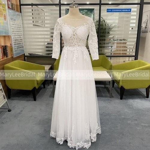 3/4 Sleeve Wedding Dress With Appliques Backless Summer Boho Bride Dress Illusion Bodice White Tulle Bridal Dress robe de mariee