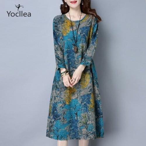 Autumn Cotton Linen Dress Women Loose Plus size Print Long sleeves Pocket Casual Dress Slim plus size female clothing Vestidos