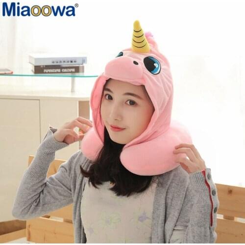 1pc 32*23cm Creative Cartoon Unicorn Stuffed Plush Animal Cushion Travel Pillow Car Airplane Soft Nursing Cushion with Hat