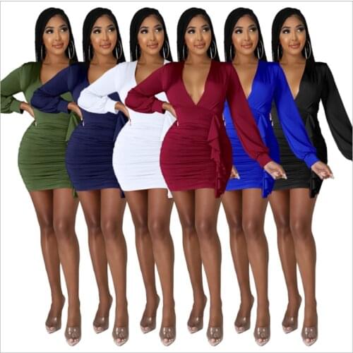 Simple Pure Color Deep V Neck Long Sleeve Mini Dress Sexy Tight Club Party Lady Fashion Dress