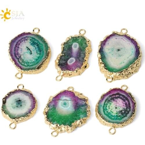 CSJA Multicolor Natural Crystal Connector Gold-color Bezel Flat Irregular Stones Jewelry Findings Components for DIY Making G417