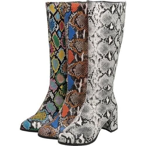 High Quality Snake Print PU Womens Shoes with Thick Heel Zipper Womens Winter High Boots Fashion Printed Warm Boots Large Size