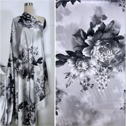 Mulberry Silk Cheongsam Dress Chinese Style Fabric Stretch Satin Gray Peony