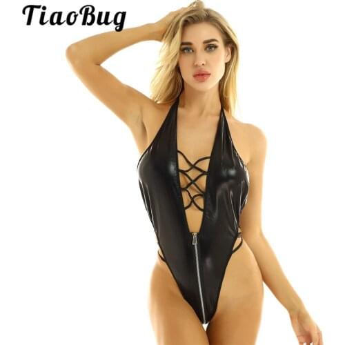 TiaoBug Sexy Women One-piece Wet Look Black Faux Leather Lingerie Halter Lace-up Tight Thong Leotard Bodysuit Monokini Swimsuit