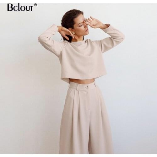Bclout Khaki Solid Basic Crop Top Women Blouse Elegant Long Sleeve O Neck Shirt Female 2021 Casual Loose Lady Tops Spring Tunic