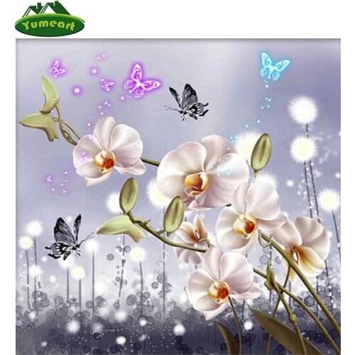 YUMEART 5D Cross Stitch Diamond Painting Stone Flower and Butterfly Home Decoration Orchid Flower Series Diamond Embroidery