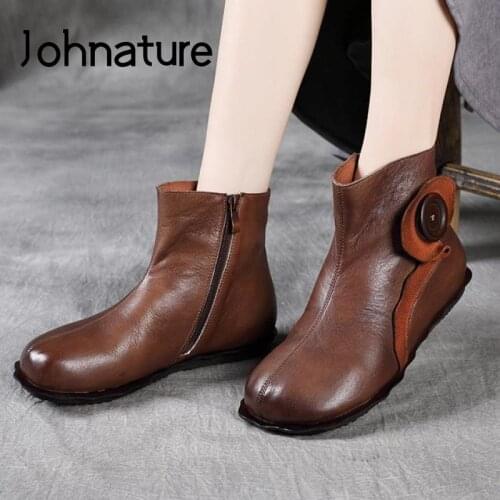 Johnature Ankle Women Boots Zip Genuine Leather Women Shoes 2021 New Round Toe Flat With Button Handmade Concise Platform Boots