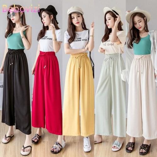 Black White Yellow Red Fashion Summer Spring High Waist Wide Feet Ankle-Length Pants for Women Street Elastic Waistband Trousers