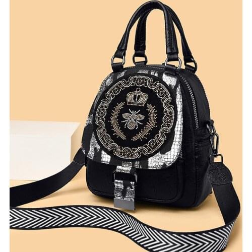 Womens Backpack Crown Bee Soft PU Luxury Rhinestone Fashion Contrast Color Diagonal Waterproof Anti-Theft Multiple Pockets