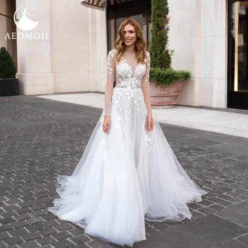Aedmgh A-Line Beach Wedding Dresses 2021 Sweetheart Long Sleeve Court Train Vestido De Novia Beaded Appliques Tulle Bridal Gowns