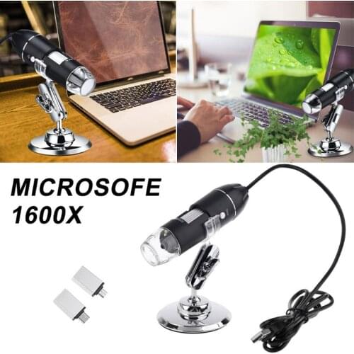 3-in-1 1600X Digital USB Microscope OSX Windows PC Type-C Micro-USB Cell Phone Magnifier Portable 2 Adapters with 8LED drop ship