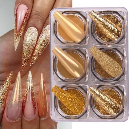 6Pcs Gold Silver Nail Glitter Set Holographics Sandy Powder Shiny Nail Art Sequins Pigment Flakes Dust DIY Manicures Tips