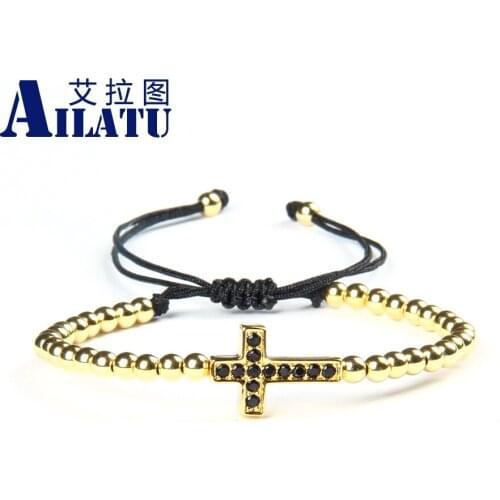 Ailatu Wholesale 10pcs/lot 4mm Stainless Steel Beads Micro Paved Black Cz Cross Jesus Braided Bracelet Mens Jewelry