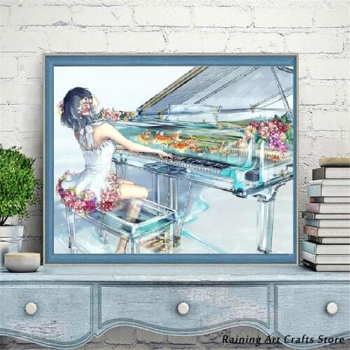 5D Diy Diamond Painting Cartoon Girl Play Piano Full Drill Embroidery Cross Stitch Kits Rhinestone Mosaic Pictures Home Decor