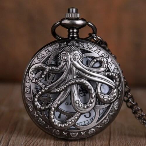 Antique Black Octopus Hollow Cover Quartz Pocket Watch Necklace Pendant Handmade Clock Souvenir Gifts for Men Wome