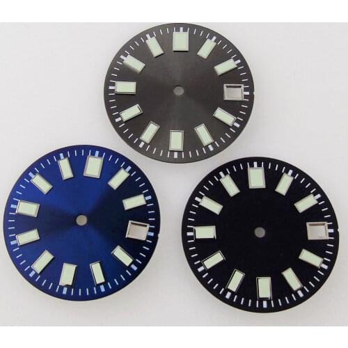 29mm Super Green Lume Black Blue Gray Watch Dial Fit For NH36 NH35 7S26 62mas Movement Date Window Sunburst Watch Face