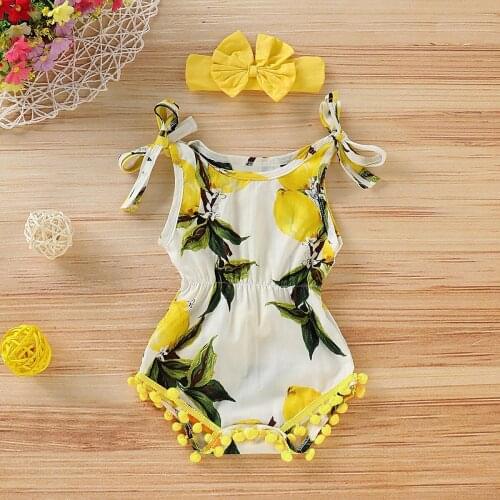 PatPat Baby Girl Lemon Allover Sleeveless Romper and Headband