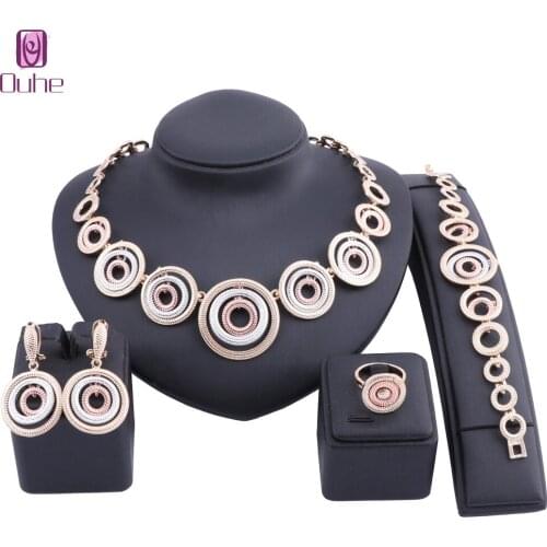 Dubai Gold Color Jewelry Sets Necklace Earrings Bracelet Ring Round Sets For Women Costume Accessories Wedding Bridal Gift