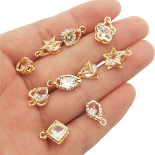 Julie Wang 10PCS Tiny Zircon Charms Star Heart Round Square Geometric Shape Crystal Pendant Earrings Jewelry Making Accessory