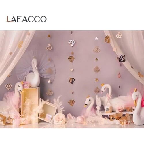 Laeacco Pink Curtain Swan Pendant Party Decor Flowers Stage Child Baby Portrait Photo Background Photographic Backdrop Photocall
