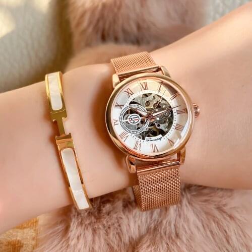 Forsining Fashion Luxury Rose Golden Skeleton Women Mechanical Watch Roman Numerals Transparent Watches Stainless Steel Clock