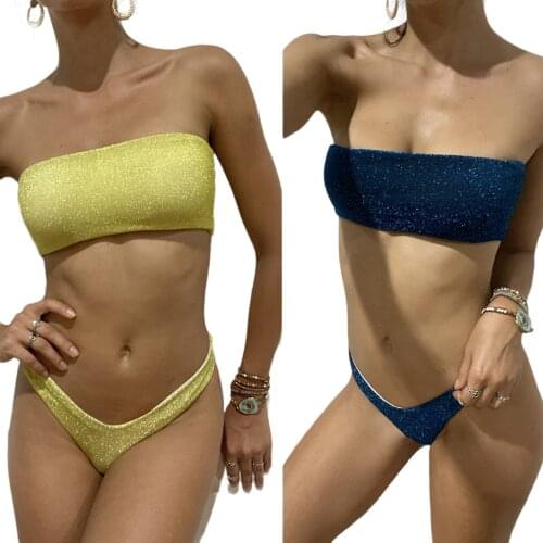AA Womens Tube Top Bikinis Sets Solid Color High Waist Split Swimsuit Set Brazilian Bikini Two Piece Beachwear Bikini Cintura