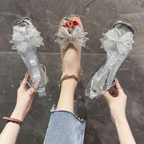 Summer Fashion Temperament Exquisite Sequined Bow Square Heel Ladies Sandals New One-Word Buckle Casual Shoes Large Size