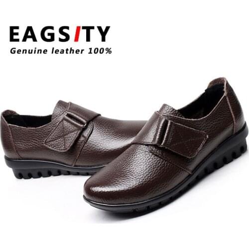 EAGSITY Genuine Leather loafers for women casual flats shoes hook loop comfortable skid resistance work party sneaker footwear