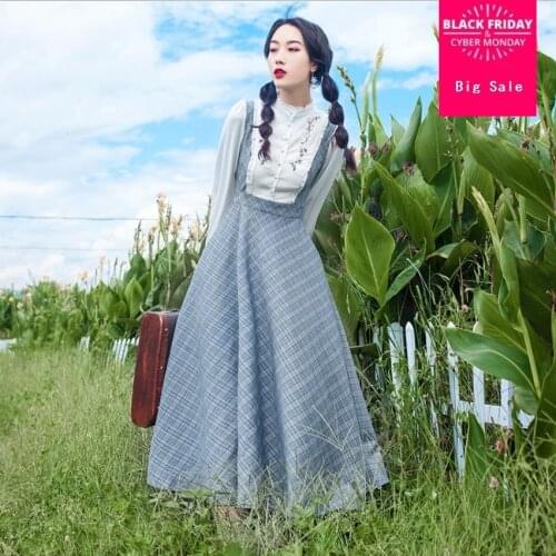 Fashion brand fake two pieces plaid Literary retro dress female big swing high waist embroidery vacation holiday dress wq476