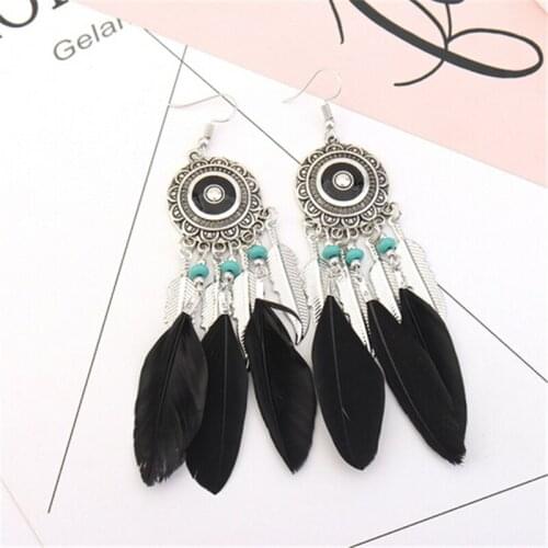 Fashion Jewelry Indian Jewelry Boho Earrings Enamel Beads Long Feather Tassel Drop Ethnic Earrings New Tibetan Silver Brincos
