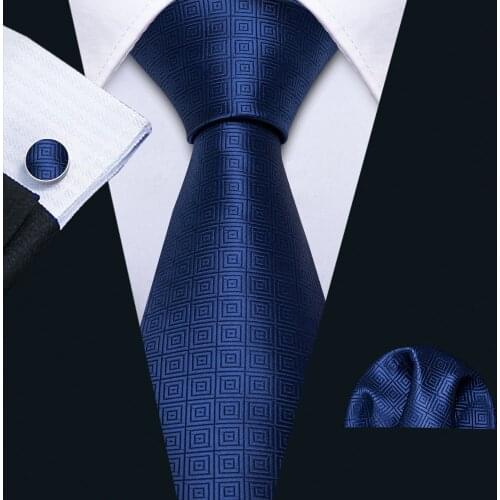 Mens Wedding Tie Blue Solid Plaid Silk Tie Hanky Set Barry.Wang Jacquard Woven Fashion Designer Neck Ties For Men Party FA-5224